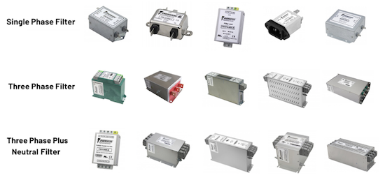 Types of Enerdoor EMI Filters by GD Rectifiers. EMI-RFI Filters types listed in rows - single phase EMI-RFI filters, three phase EMI-RFI filters and three phase plus neutral EMI-RFI filters.