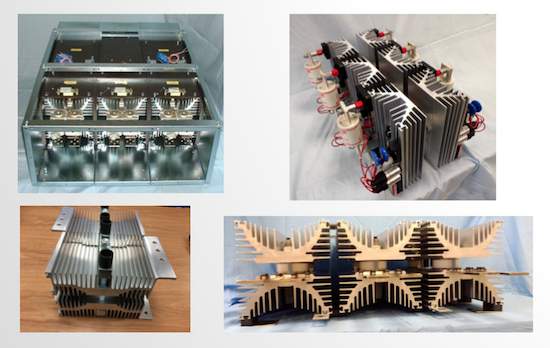 Power Semiconductor Assemblies by GD Rectifiers. Four large power assemblies with semiconductor devices attached.