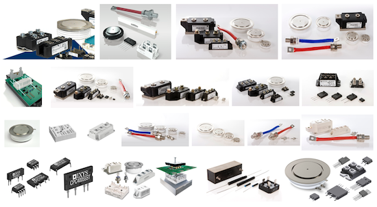 Collage of 20 semiconductor images of diodes, thyristors, IGBTs, MOSFETs, diode modules and thyristor modules by GD Rectifiers, making component sourcing easier.