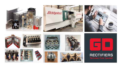 GD Rectifiers collage of heatsinks, cnc machines, engineer browsing online, finshed power semiconductor assemblies