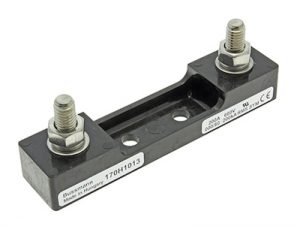 Black Fuse microswitch with screws on by Eaton Bussmann on a white background, high speed fuse accessories