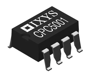 IXYS Integrated Circuits Product Discontinuation Notice. IXYS Integrated Circuits CPC5001 Device, small black and white component on a white background