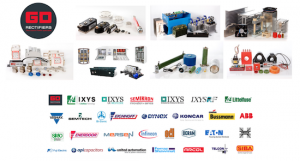 Growing portfolio of power electronics, image of semiconductors, power assemblies, heatsinks, circuit protection devices, traction converters, passive components and magnetic transducers with manufacturer logos underneath