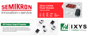 Semikron and IXYS logos with silicon carbide power solutions, silicon carbide semiconductor images