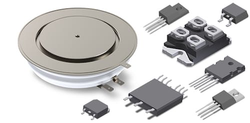 Discrete semiconductor components by IXYS, collage of devices on a white background. Practical solutions to shorten lead times.