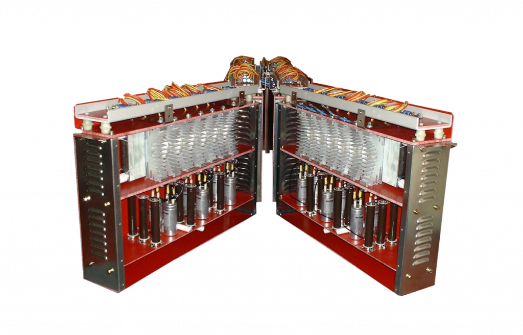 Large red, silver and white power semiconductor assembly build by GD Rectifiers on a white background