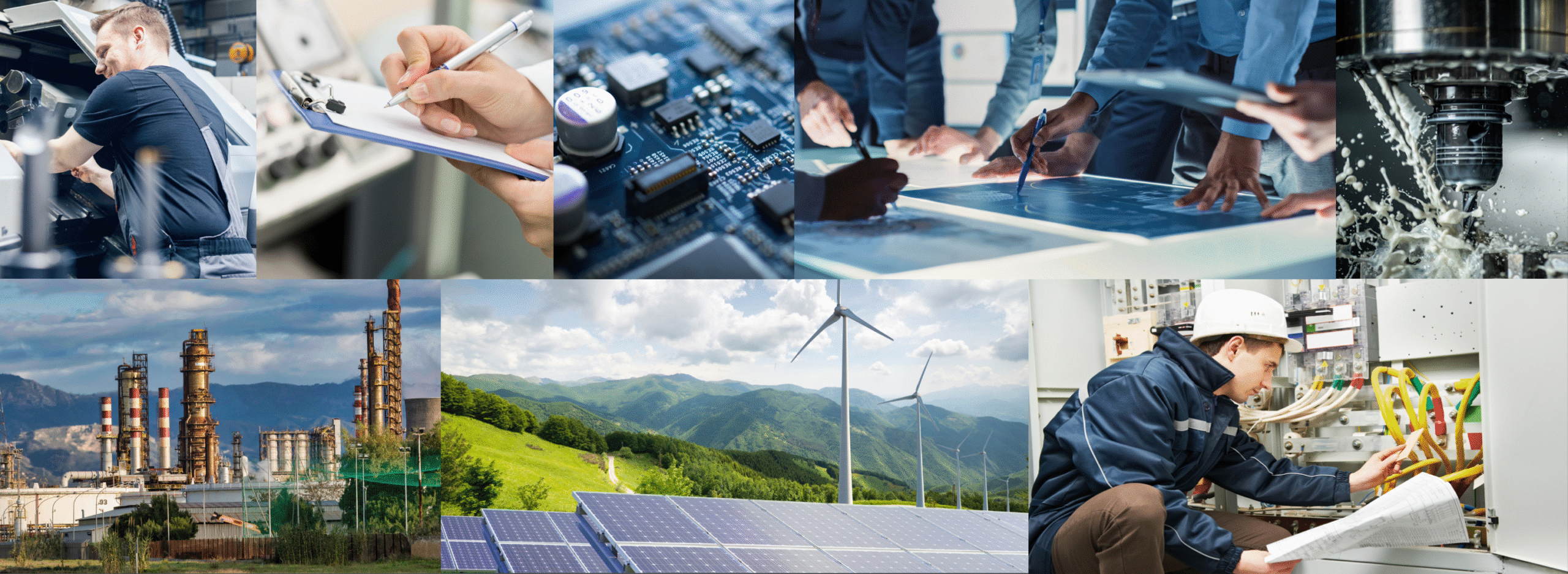 Collage of CNC machine operator quality control, engineers brainstorming, semiconductors, CNC machining in progress, oil and gas plant, solar and wind energy, electrical engineer. GD Rectifiers line card image.