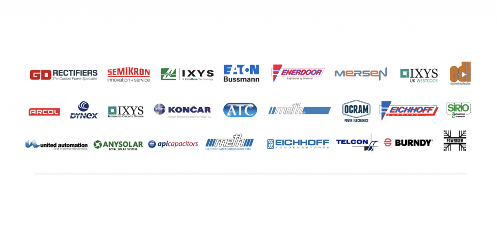 25 power electronic manufacturer logos listed on three rows, 8 logos one each row