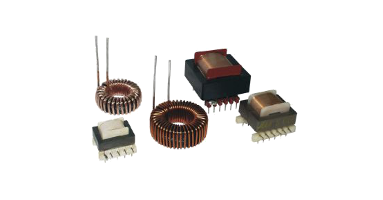 Five brown inductors on a white background