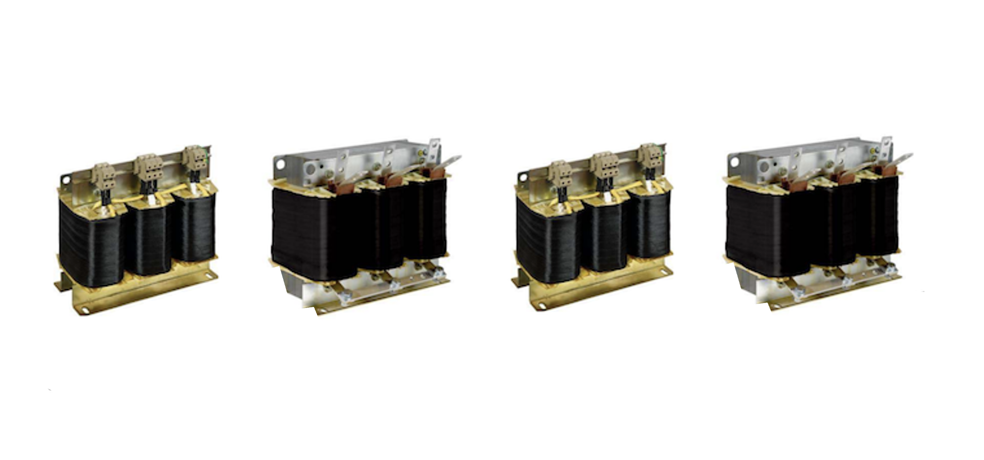 Industrial control auto transformers, black and gold builds and large black devices.