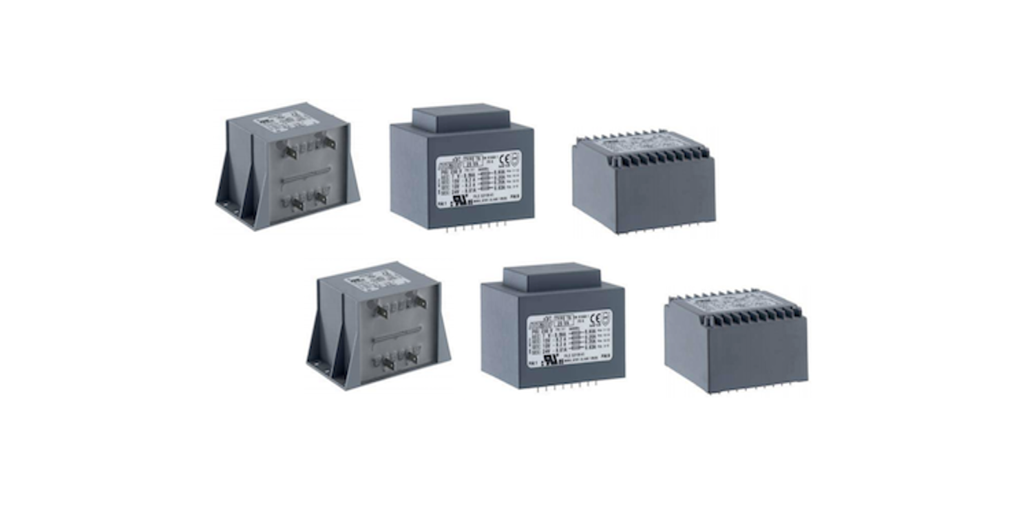 Six grey PCB Transformer devices.
