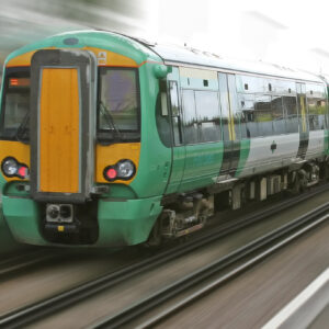 green and yellow train travelling fast on a train track. Railway equipment by GD Rectifiers.