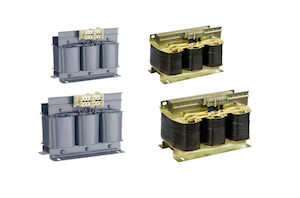 Three phase general purpose transformers, grey and black/gold units.