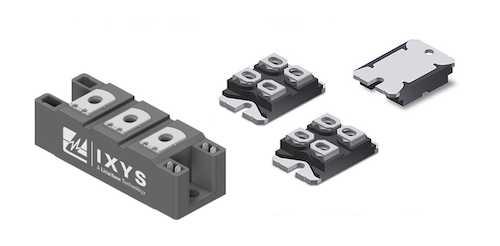 IXYS thyristor module and three smaller devices all grouped together on a white background